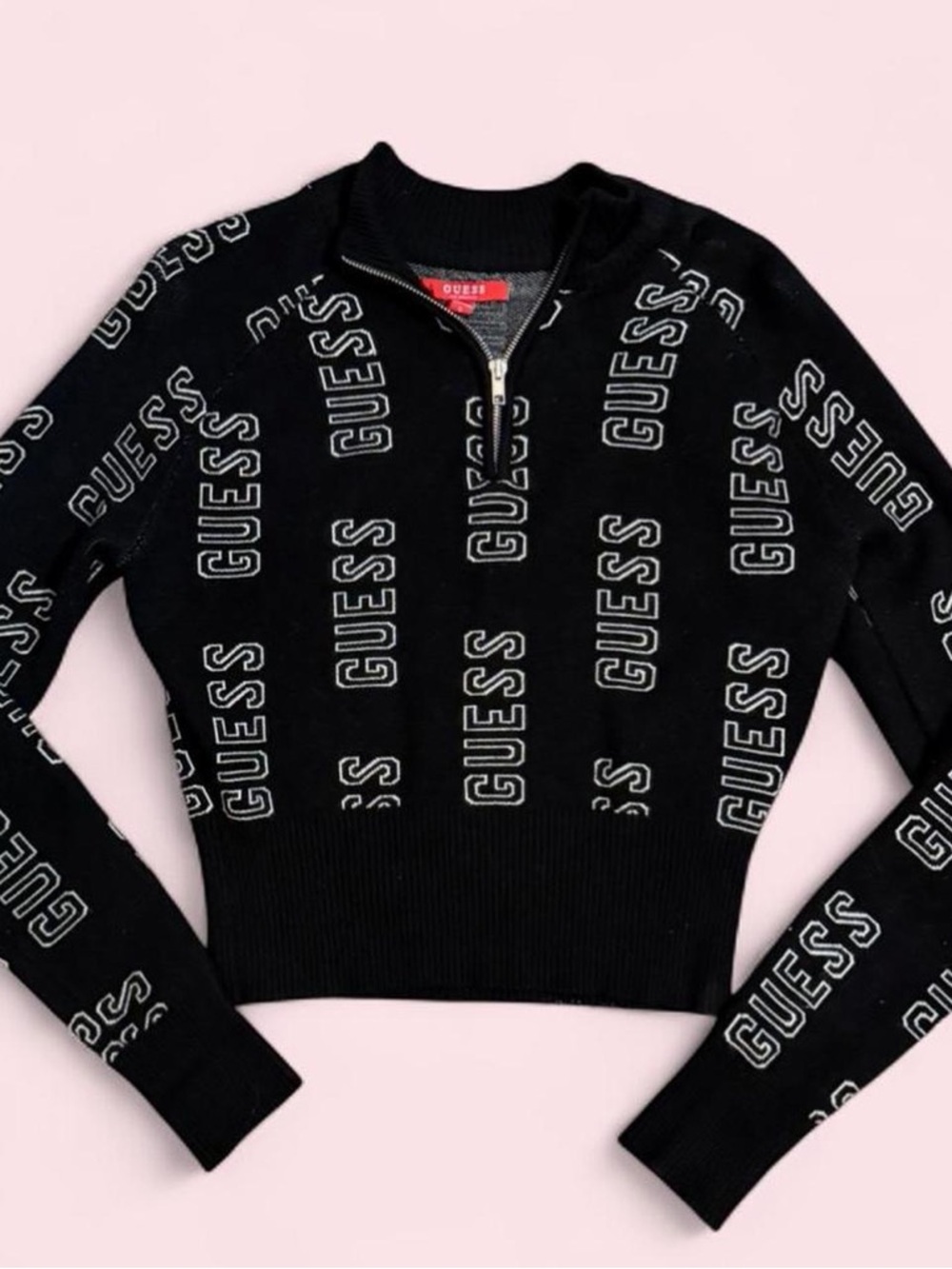 GUESS Black Logo Zip-Neck Pullover
